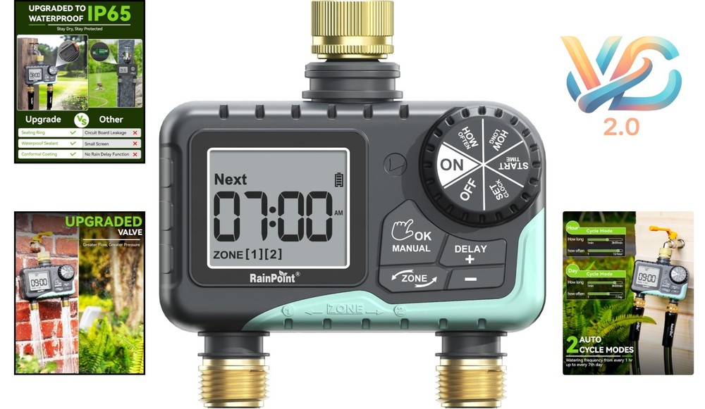 Brass 2 Zone Sprinkler Timer Water Timer with Rain Delay Manual Watering