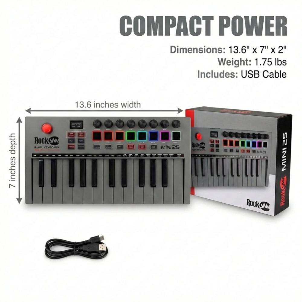 25-Key Rechargeable USB MIDI Keyboard Controller – Mini Piano Keyboard with V...