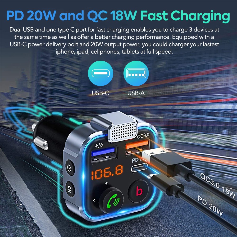 Bluetooth 5.0 Car Wireless FM Transmitter Adapter 2 USB Port Charger Hands-Free