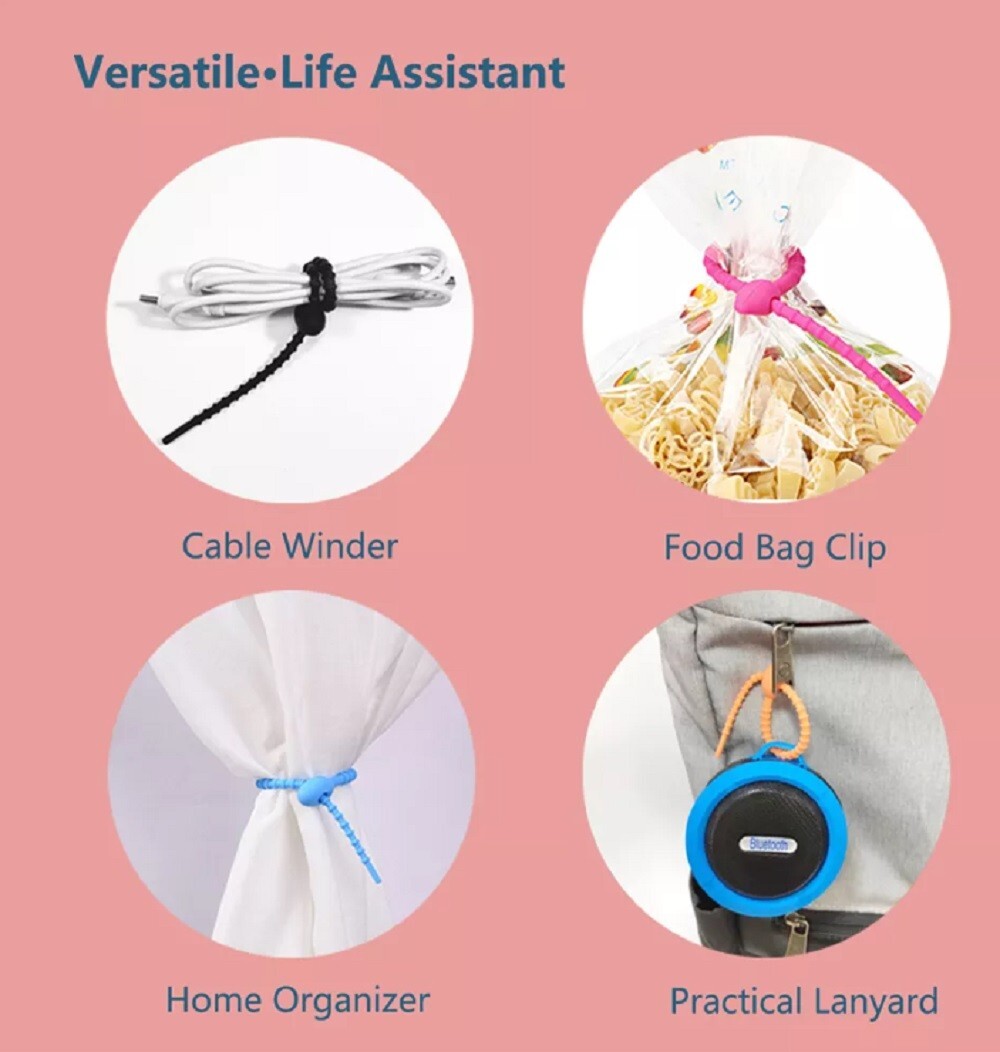 24-Piece Reusable Silicone Cable Ties Set - Rubber Twist Ties for Wires & Cords