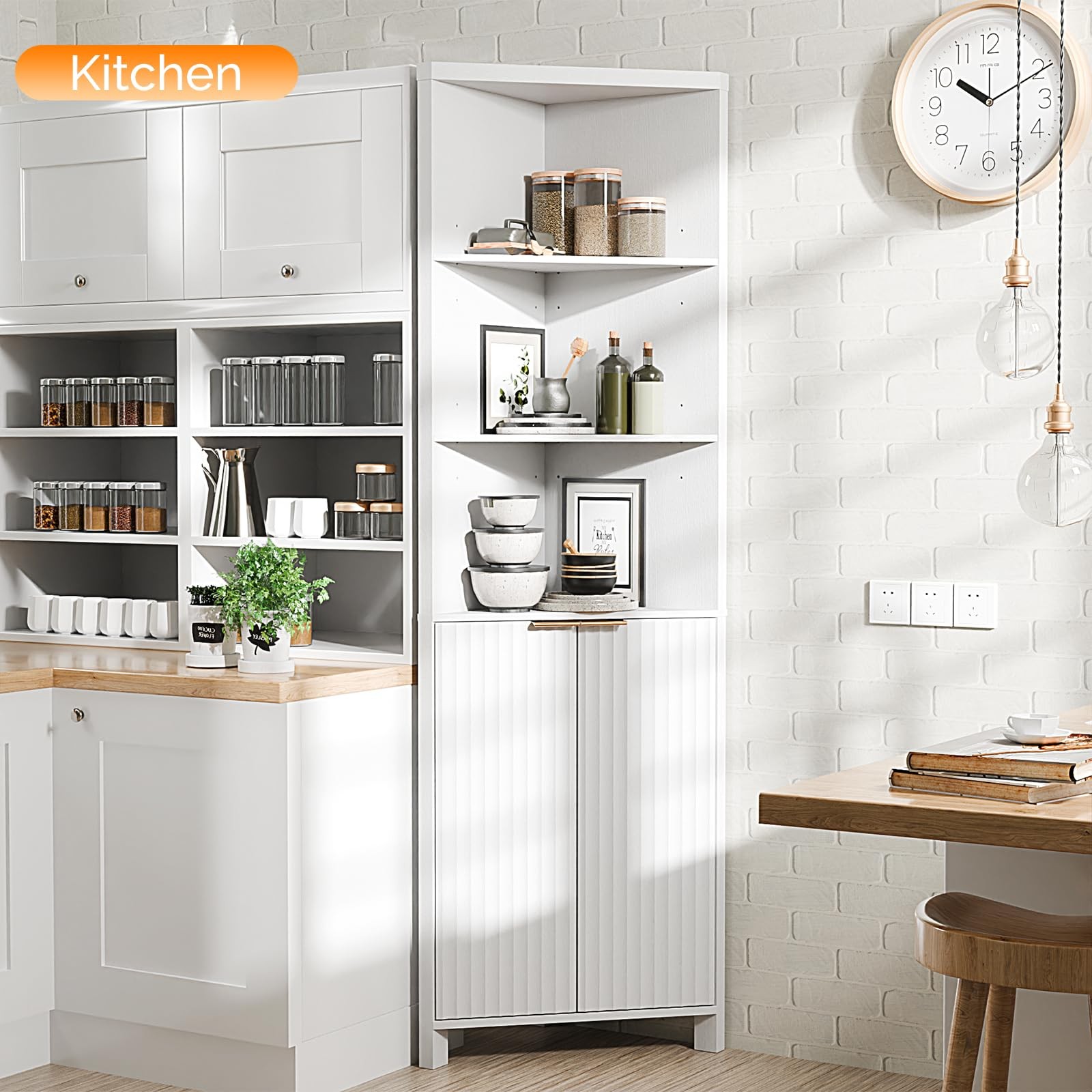 Tall Corner Cabinet with Fluted Doors, 68" White Corner Storage Cabinet