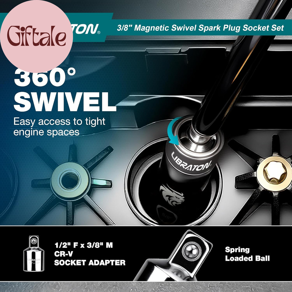 8PCS 3/8"Dr. Magnetic Spark Plug Socket Set, Include Gapper & Extension Bar, Swi