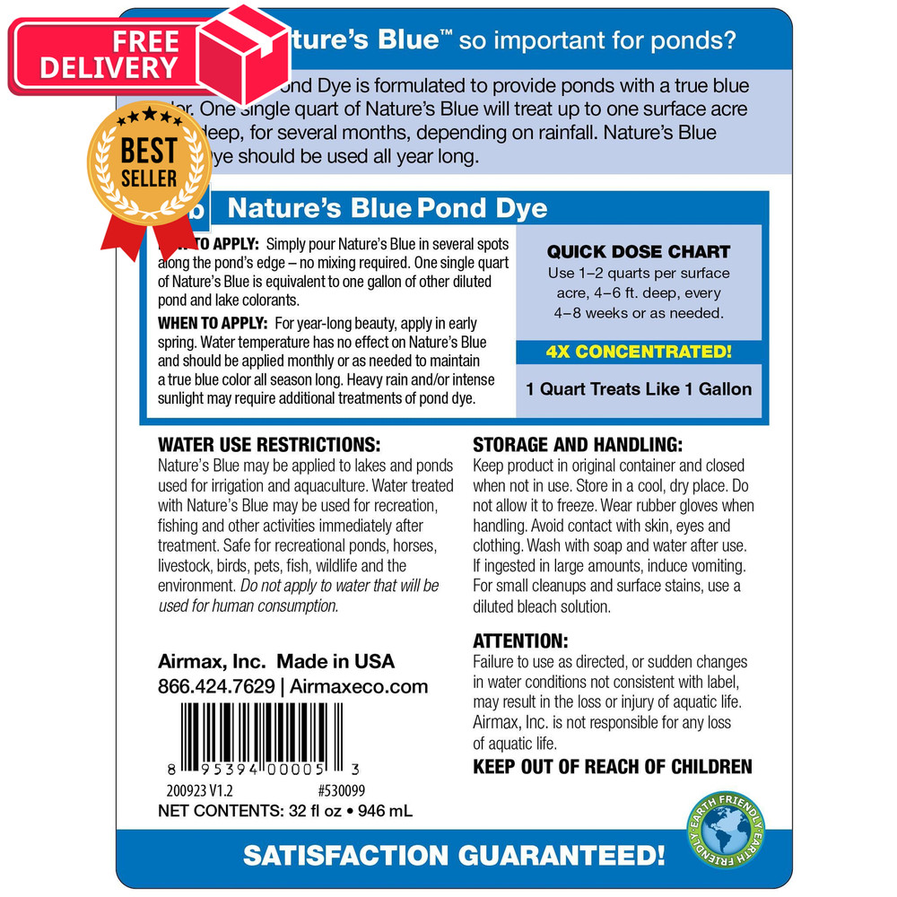 Airmax Nature's Blue Pond Dye 4X - 1 Quart,