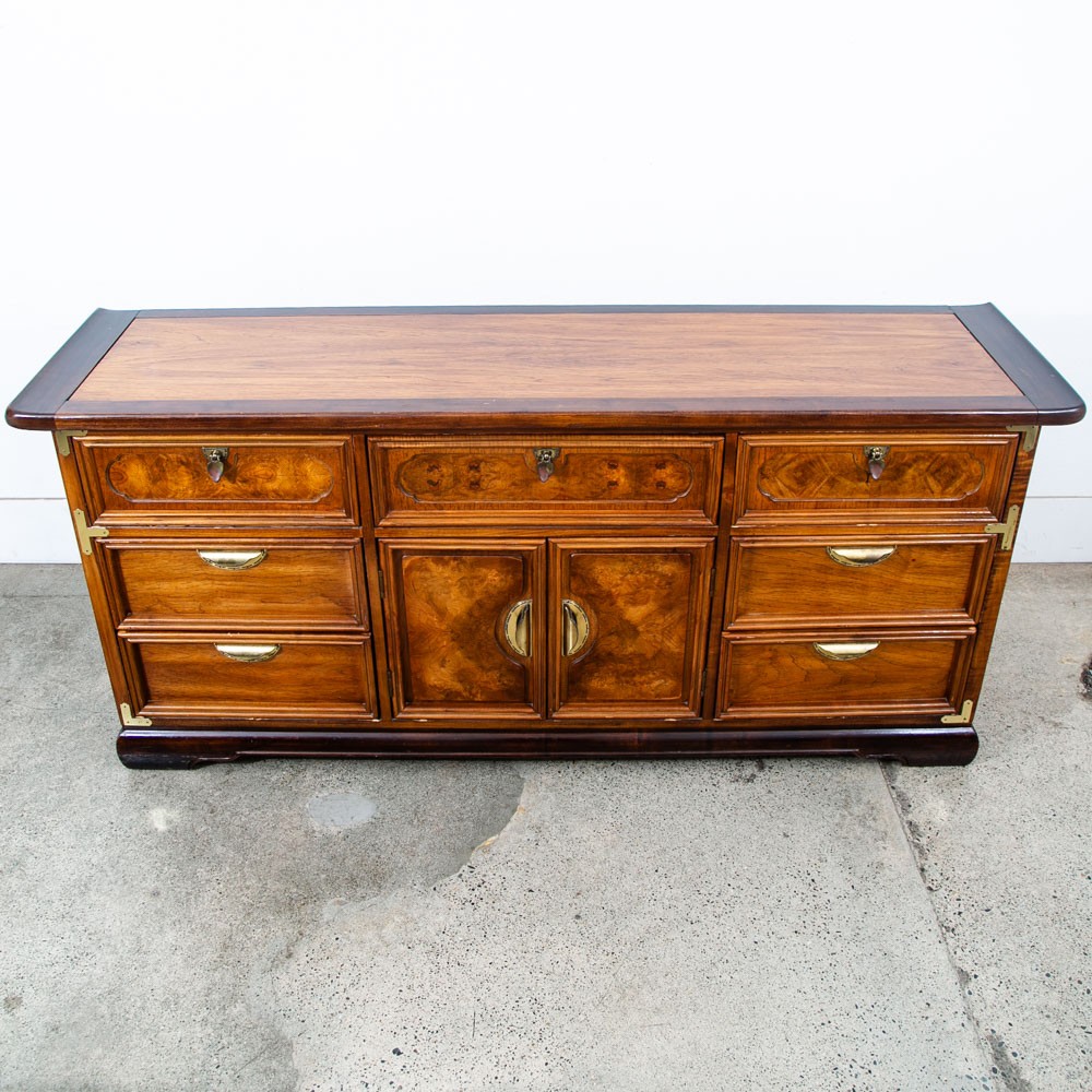 Mid Century Modern Dresser Credenza Walnut 9 Drawer Wood Brass Handle Mcm