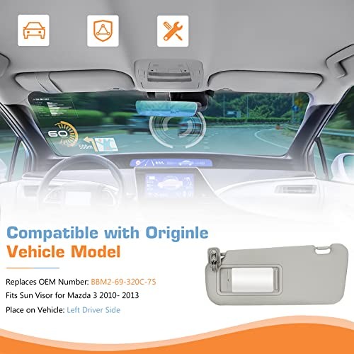 Left Driver Side Sun Visor Without Light for Mazda 3 2010 2011 2012 2013 Gray