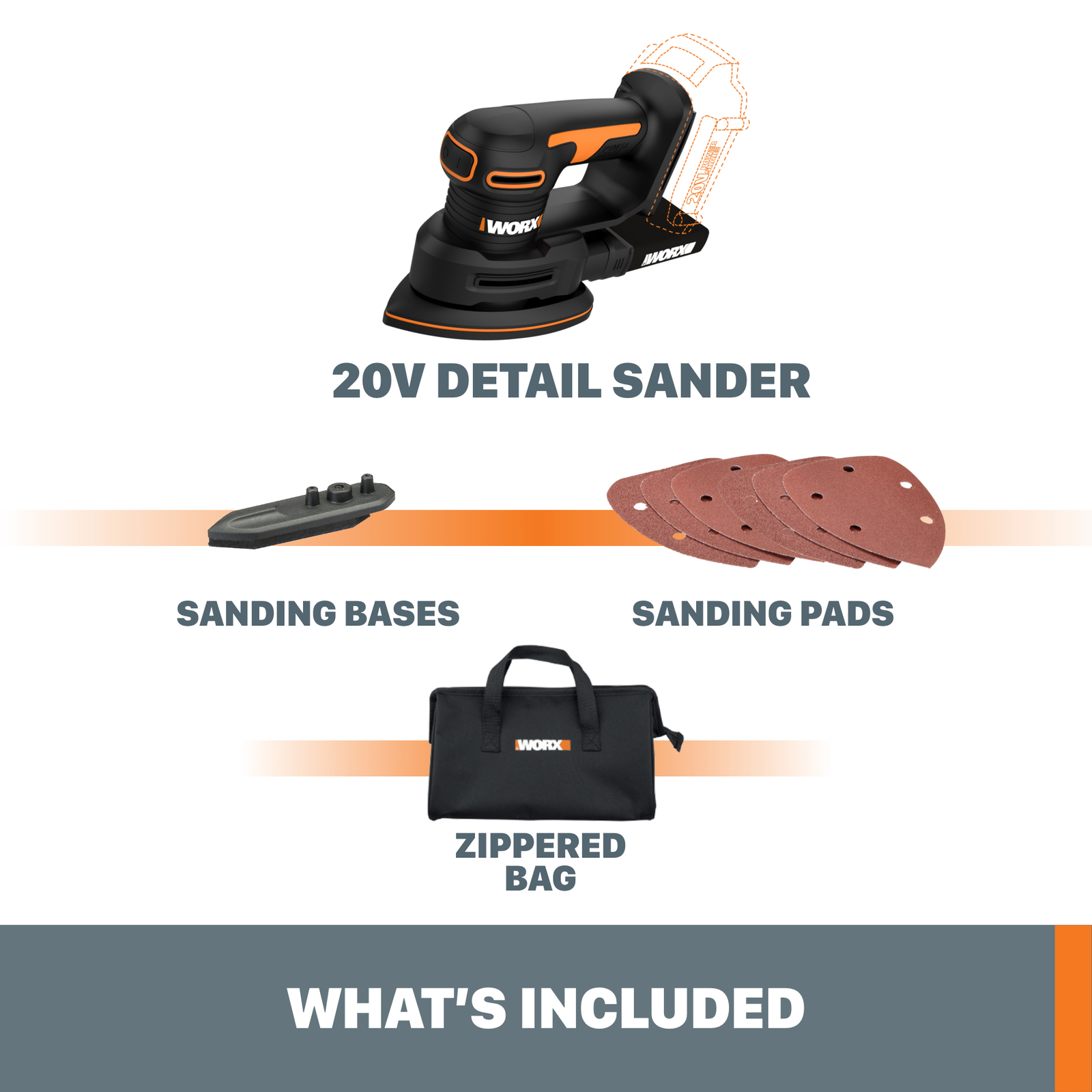 WX822L.9 Worx 20V Powershare Detail Sander (Tool Only)