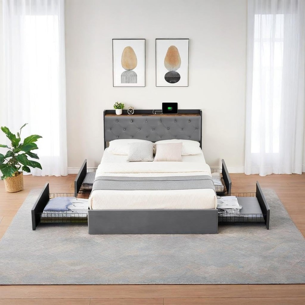 Full Bed Frame with Charging Station Upholstered Headboard & 4 Storage Drawer...