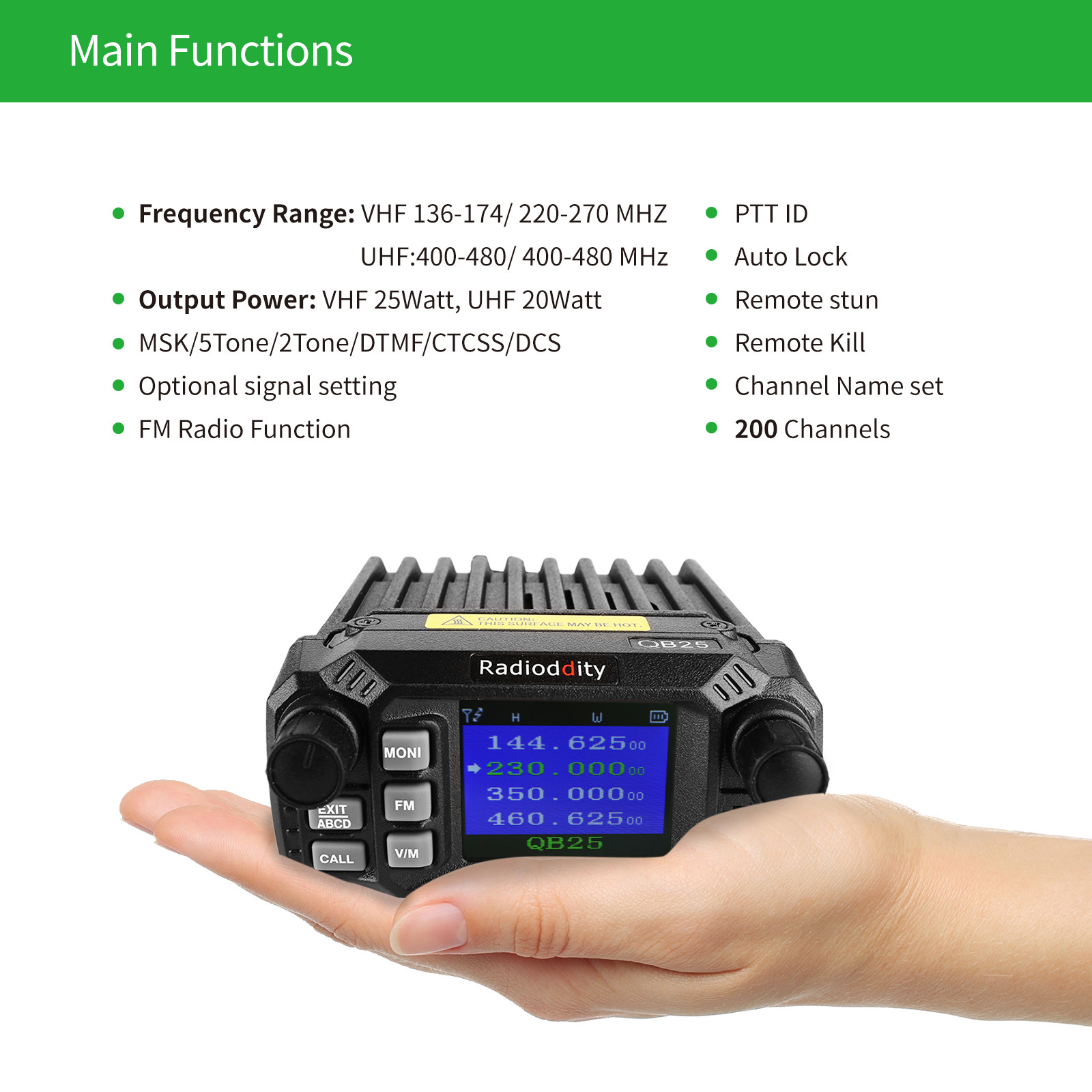 Radioddity QB25 Pro Quad Band 25W Car Mobile Radio Transceiver + Long Antenna