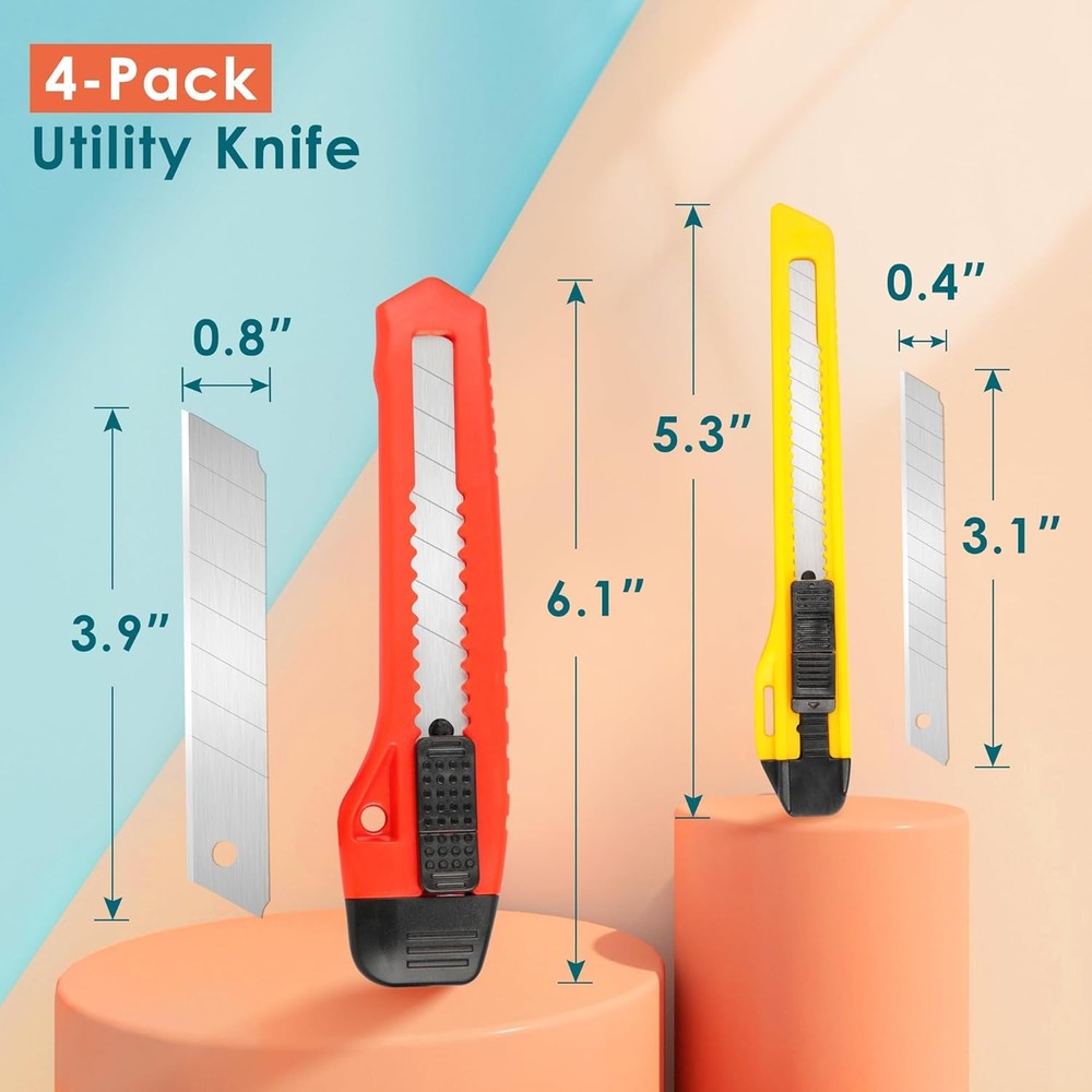 Utility Knife Box Cutter Razor Auto-lock 4-Pack Set, Retractable Box Cutter
