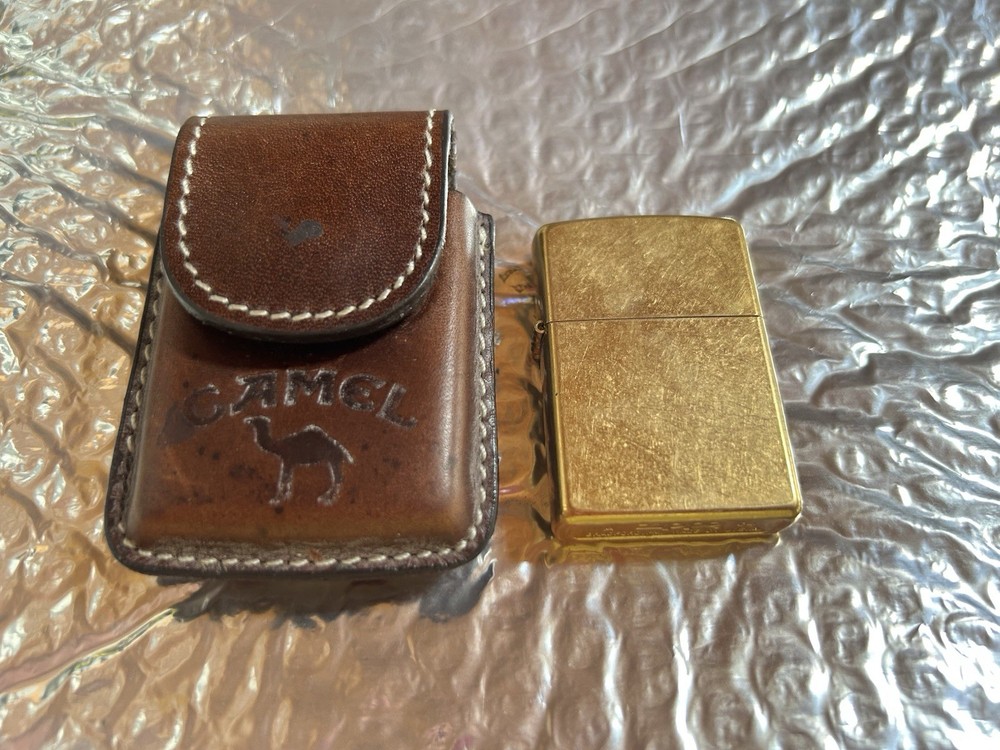 Leather Camel Cigarette Pouch With Zippo 04 Solid Brass Lighter