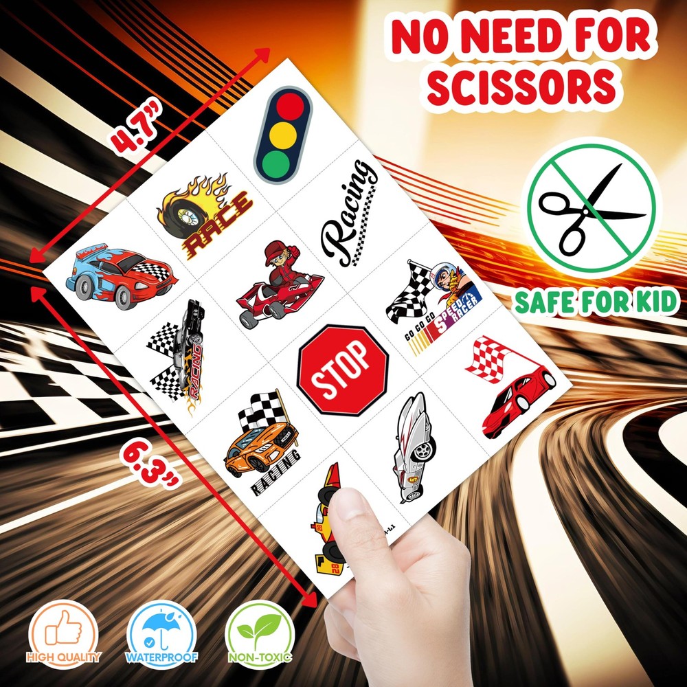 96 PCS Race Car Pre-Cut Temporary Tattoos Sticker Racing Pit Medium, Normal