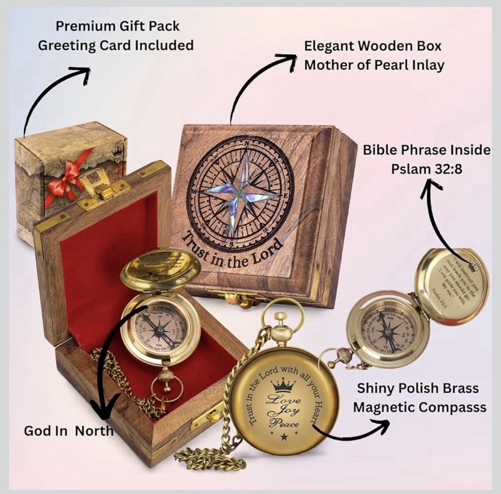 Solid Brass Pocket Compass With Bible Verses - Religious - Gift