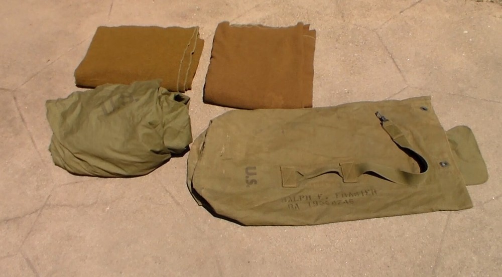 Old US WW2 era M-1944 Suicide Sleeping Bag & Two Blankets & 1943 Duffel Bag USED