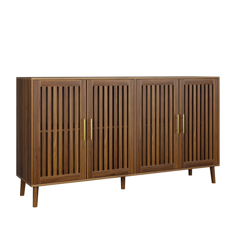 63" Walnut Sideboard Buffet Cabinet w/ 4 Doors, Adjustable Shelves
