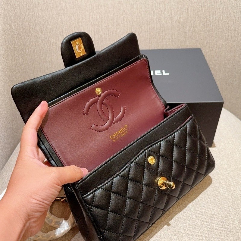 Classic Flap CF Leather Pattern Shoulder Bag with Stripes - Black Small Size