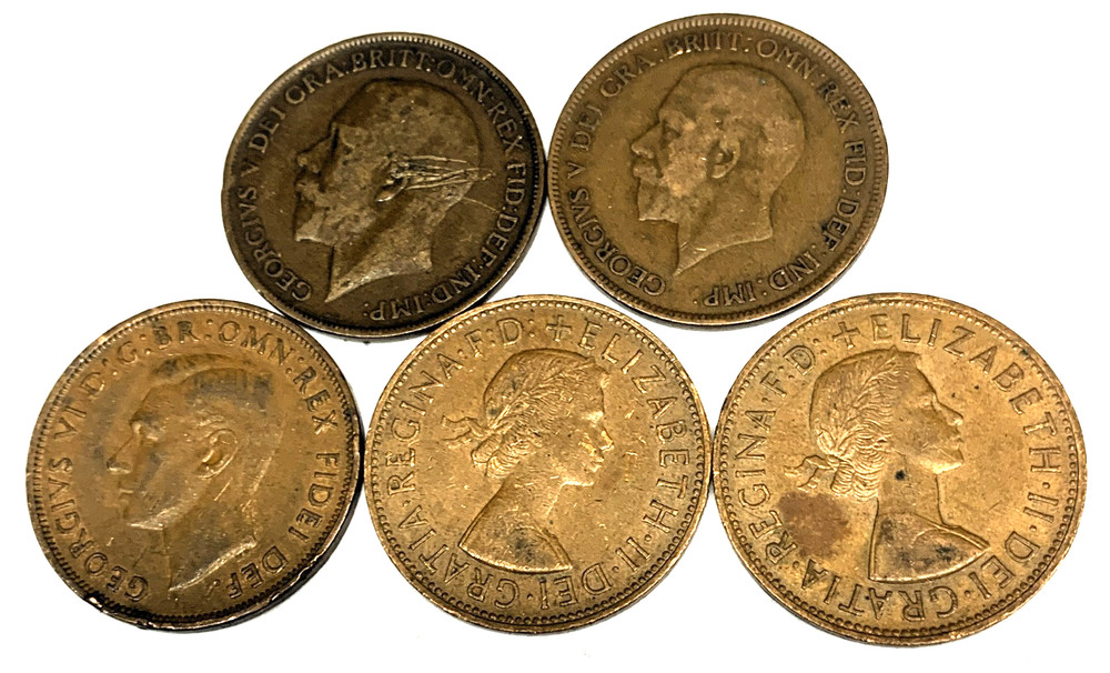 # C7681 GREAT BRITAIN LARGE PENNY COINS, 5 DIFFERENT DATES