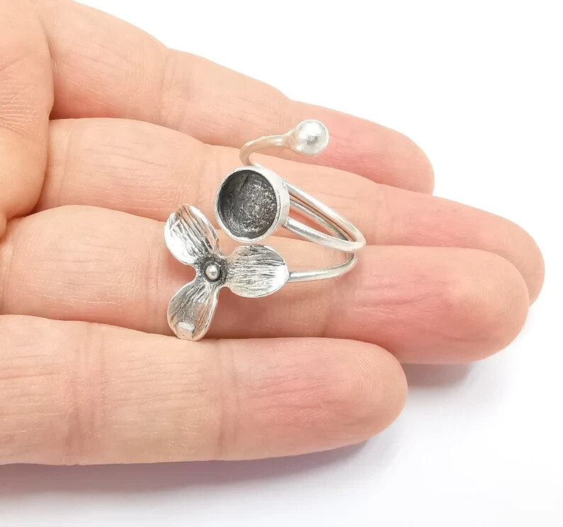 Flower Ring Setting Blank Cabochon Mounting Adjustable Ring Base Bezel