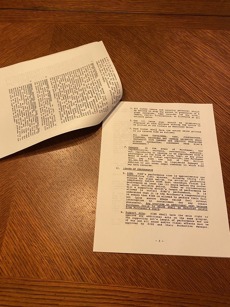 KISS 1980's concert tour rider contract hand signed notes COPY Gene Simmons