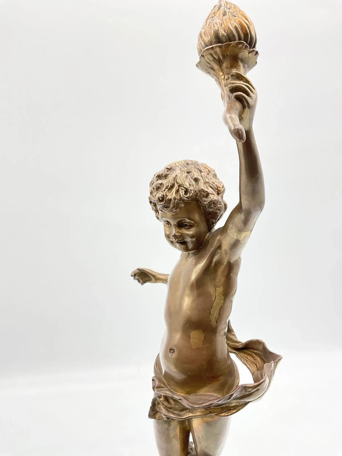Bronze Figural Sculpture of Cherub with Torch - 21" Tall
