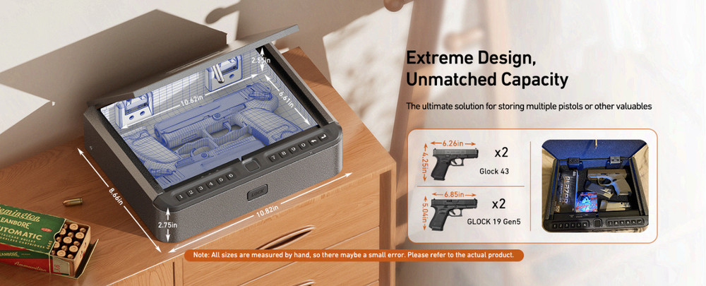 Biometric Handgun Safe, 4-Way Access, Fingerprint, Keypad, Key & APP Lock