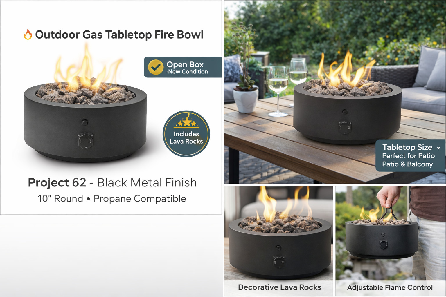 Project 62 Outdoor Gas Tabletop FIre Bowl Black Metal Finish Open Box New