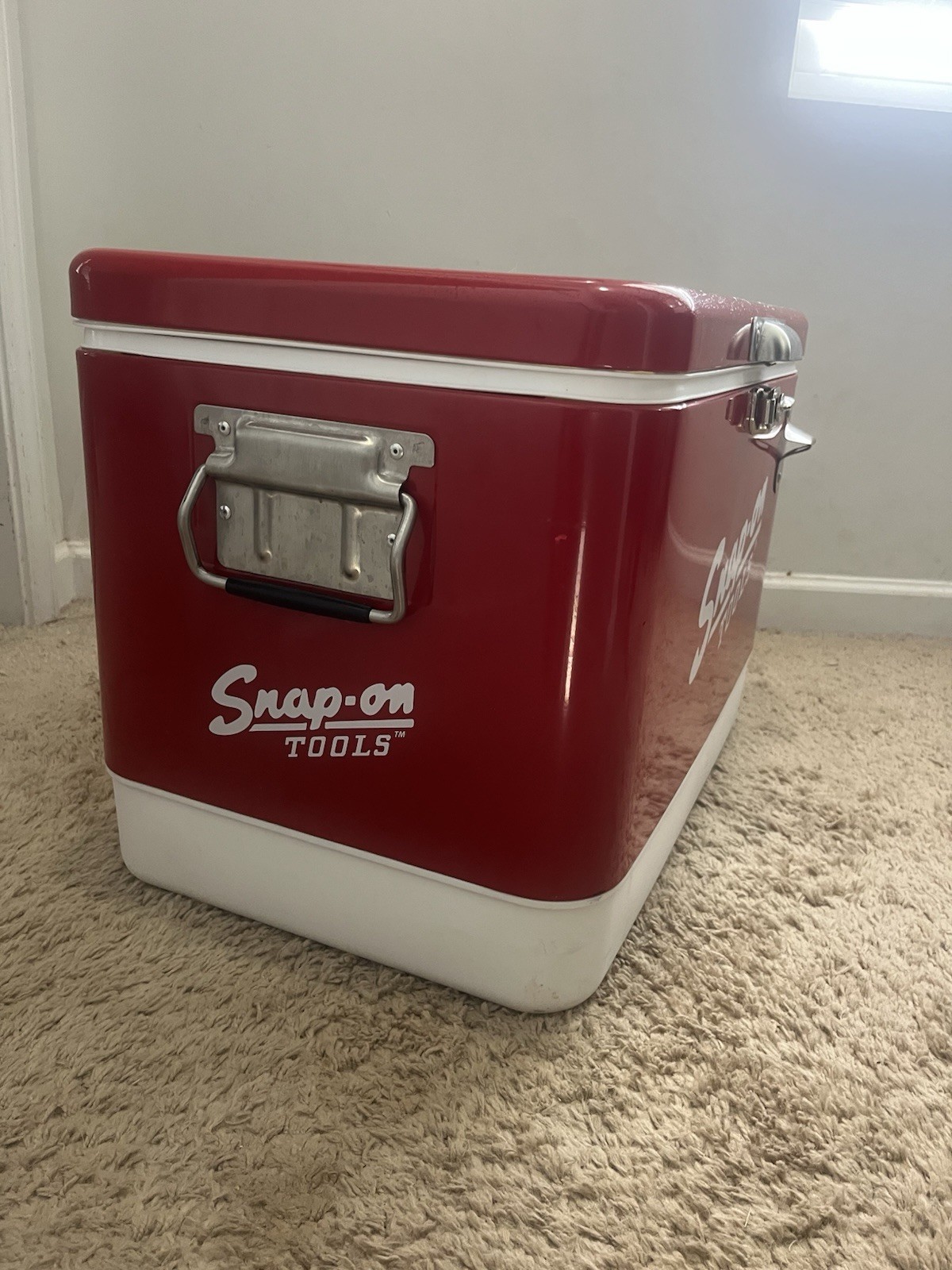 Snap-on Ice Chest Cooler Red & White Metal Plastic with Bottle Opener