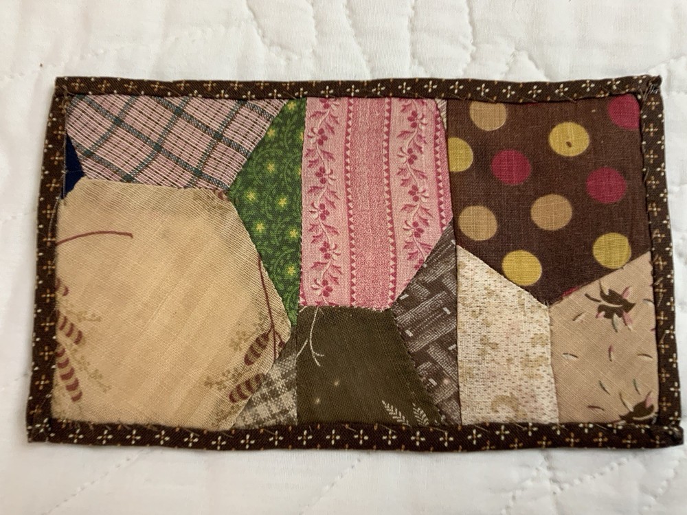 Antique Patchwork Quilt Table Topper, Rectangle Early Calicos, Brown