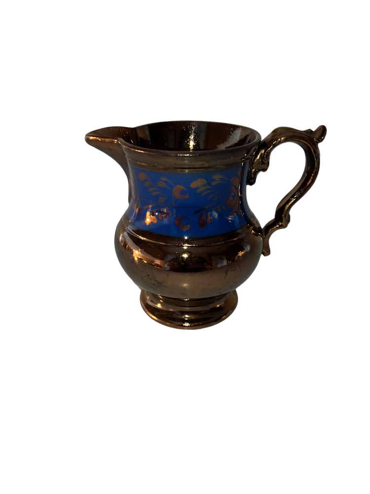 Small Ceramic Gold Metallic and Blue Pitcher Floral Design