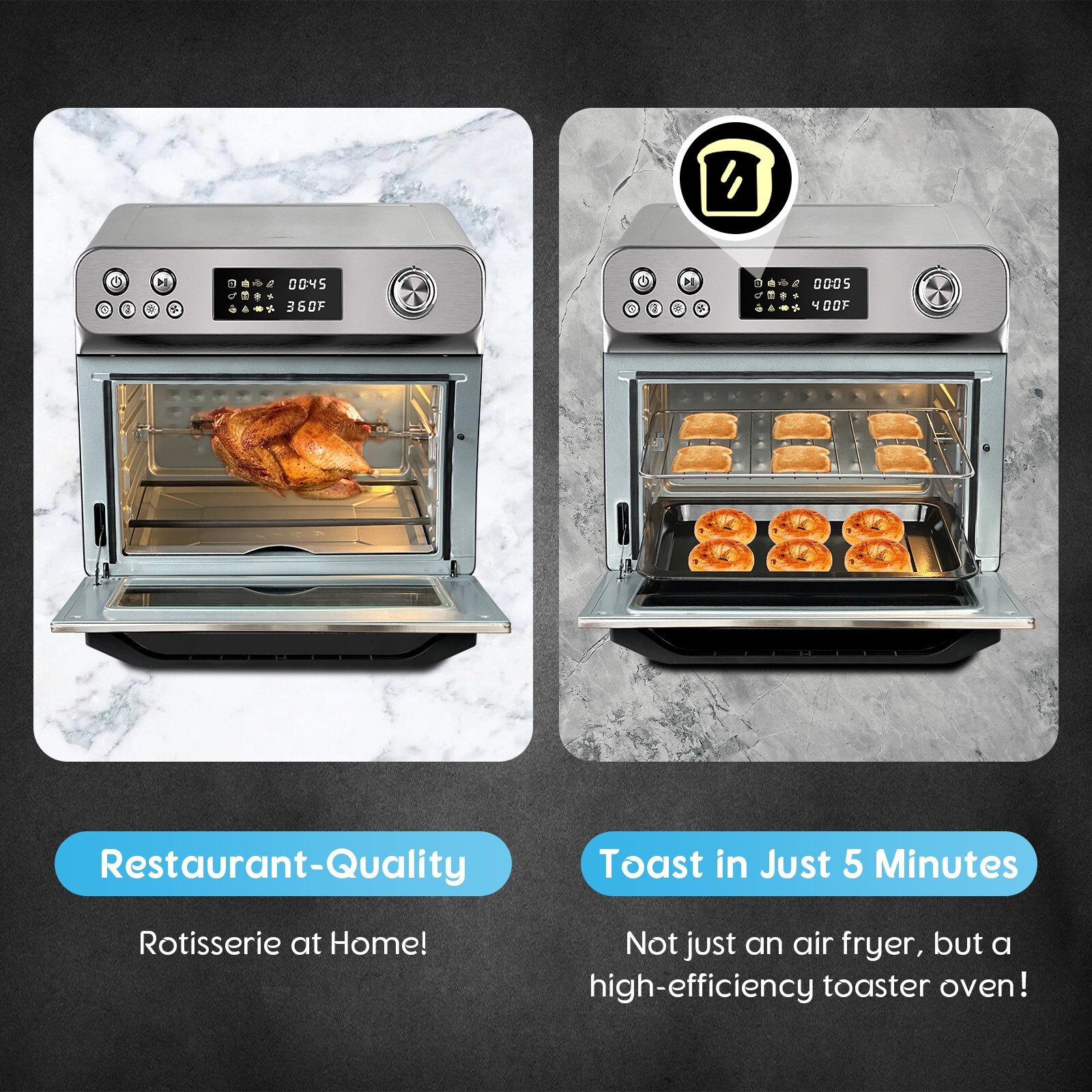 HYSapientia 26QT Stainless Steel Air Fryer Oven With Rotisserie 1800W Mini Oven