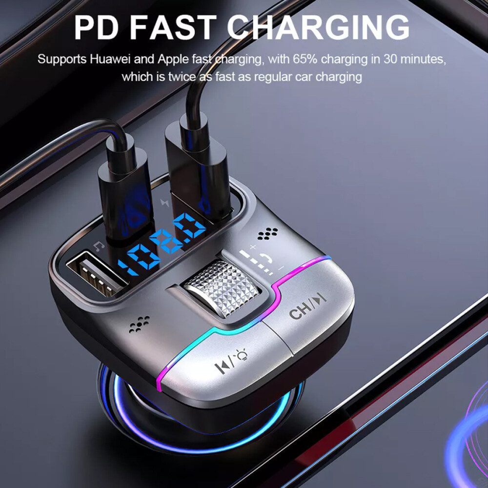 Car Bluetooth 5.3 FM Transmitter Wireless USB PD Adapter MP3 Player Fast Charger