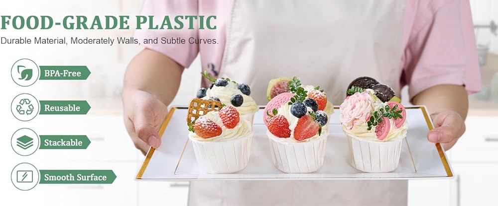 Plastic Serving Trays, White and Gold Rim Plastic Serving