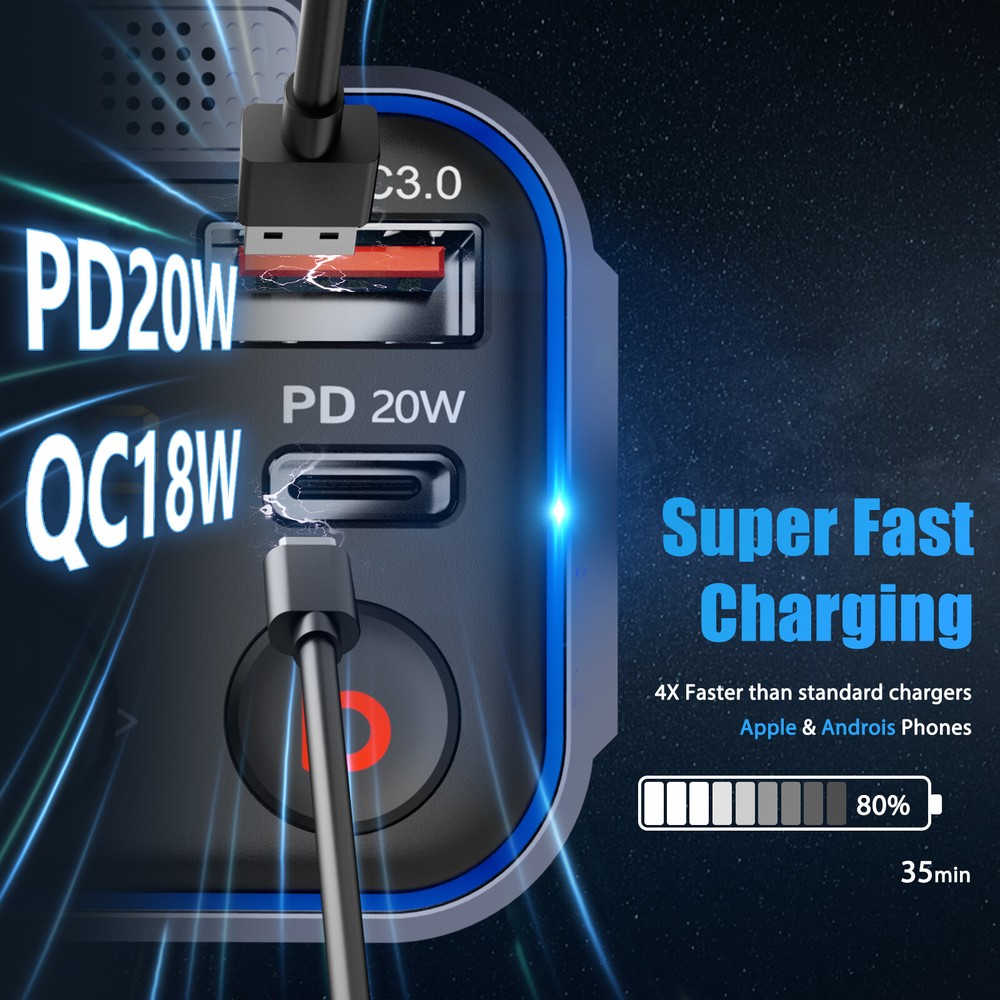 LENCENT Bluetooth 5.0 Car Wireless FM Transmitter Adapter 2 USB PD Charger