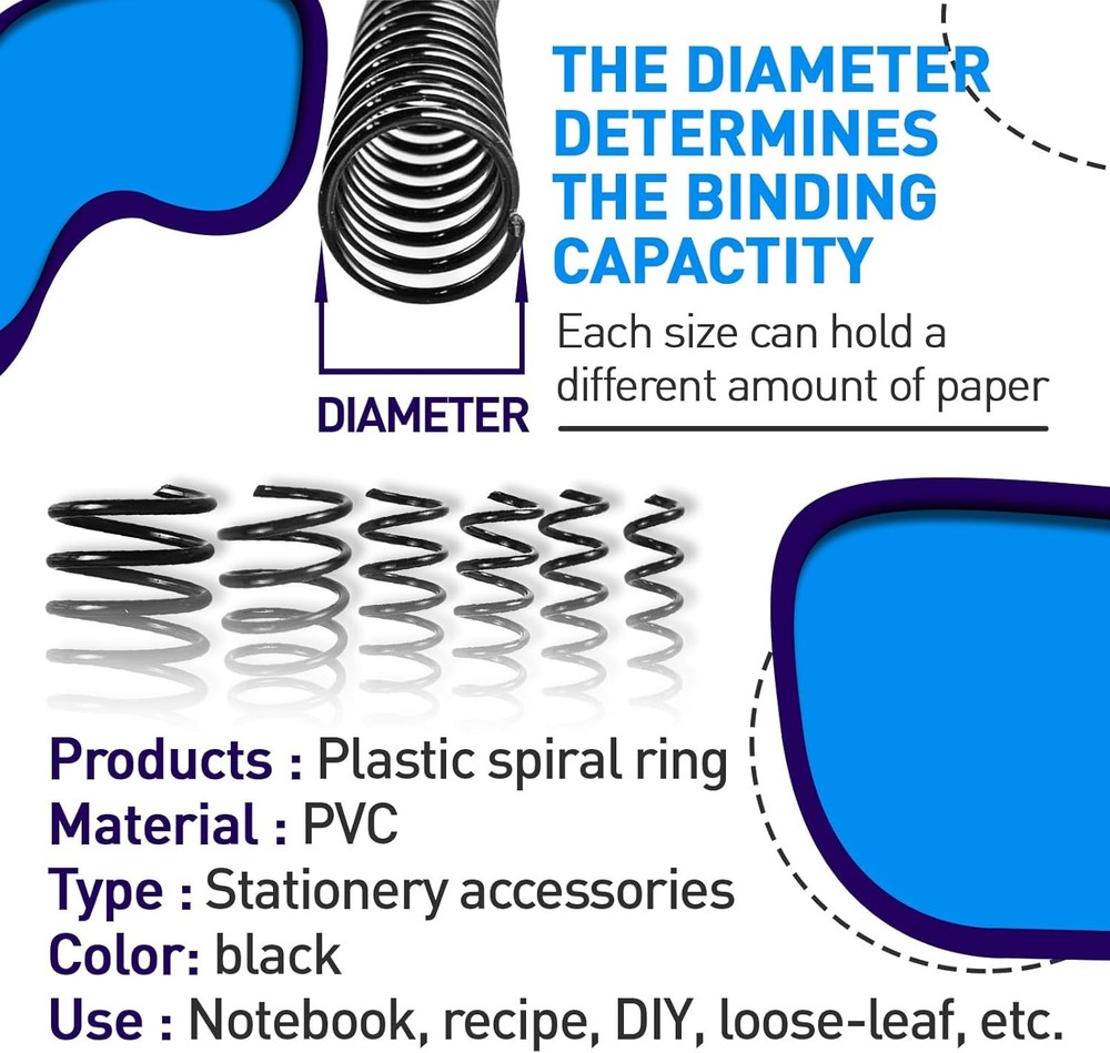 150 Pack Spiral Binding Coils, 4:1 Pitch Plastic Binding Coils Kit, 6 Different