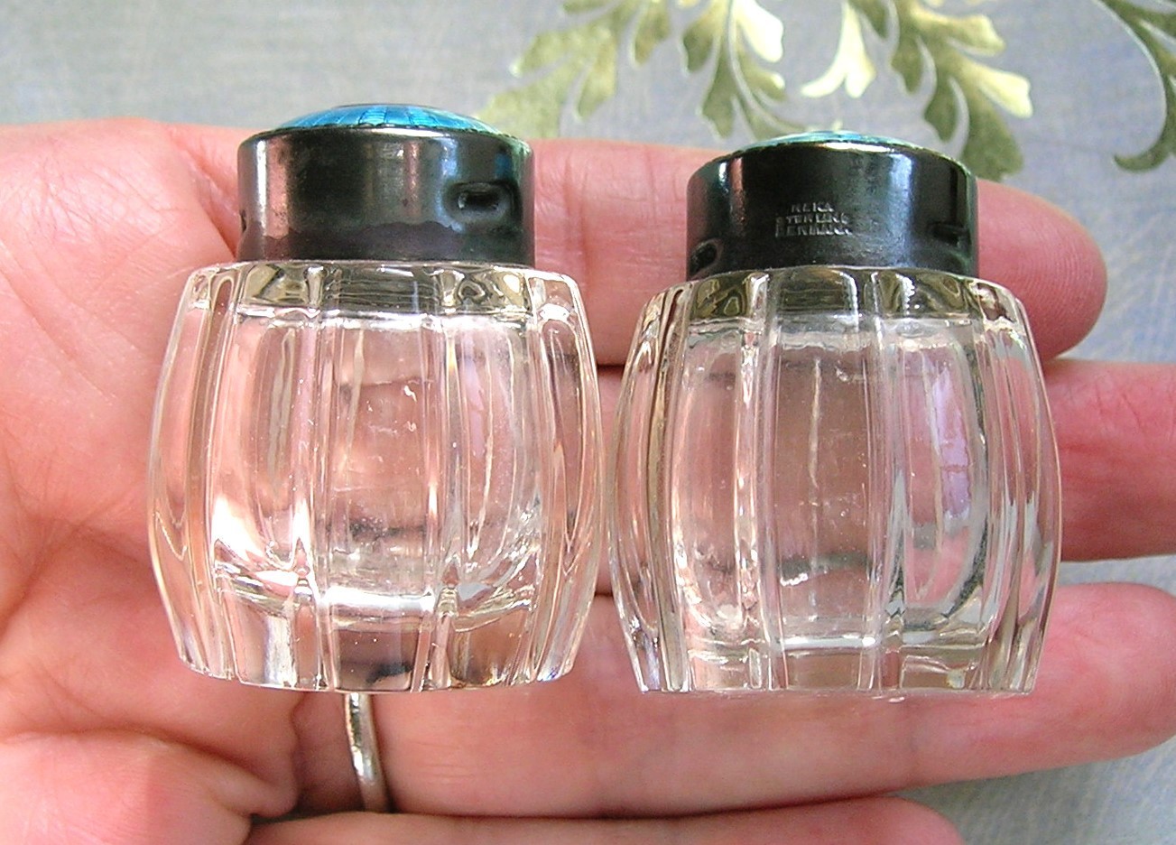 GLASS STERLING ENAMEL SALT AND PEPPER SHAKERS VINTAGE DANISH EXCELLENT CONDITION
