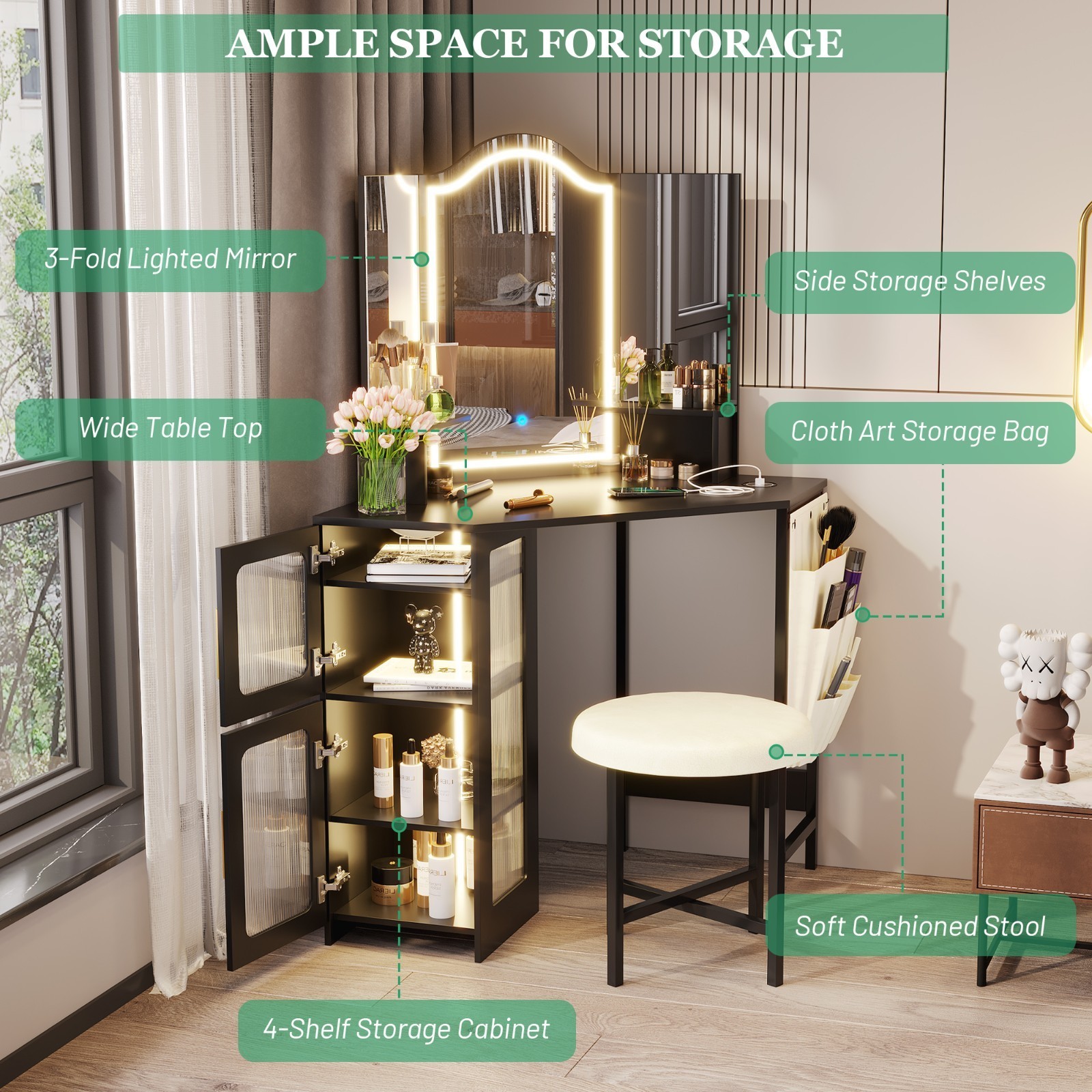 Corner Vanity Desk with Mirror and Lights, Makeup Vanity with Charging Station