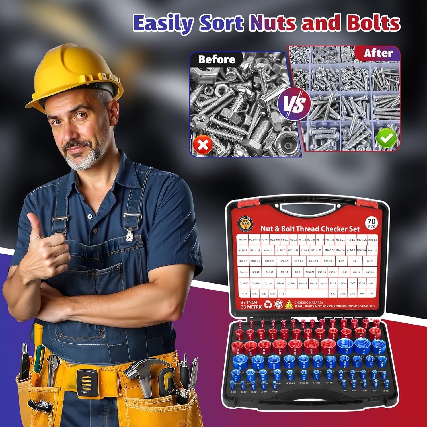 70 Pcs Nut & Bolt Thread Checker Set 37 SAE 33 Metric Gauge for Size Checking