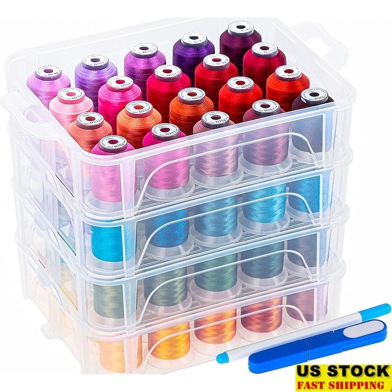 80 Spools Polyester Embroidery Thread W/ Clear Storage Box & Yarn Snips New
