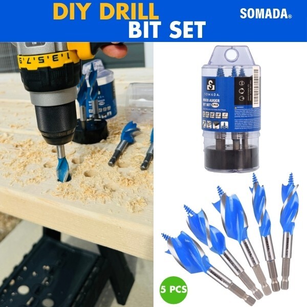 SOMADA Auger Drill Bit Set, 5-Piece, 1/2", 5/8", 3/4", 7/8" and 1" Inch Size