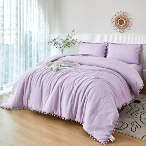 5 Pieces Lavender Purple Comforter Set Twin Aesthetic Boho Solid Bed