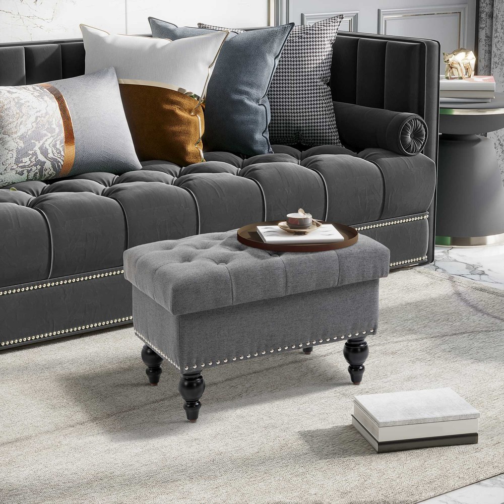 25" Storage Ottoman with Removable Lid, Button Tufted Fabric Footrest Bench