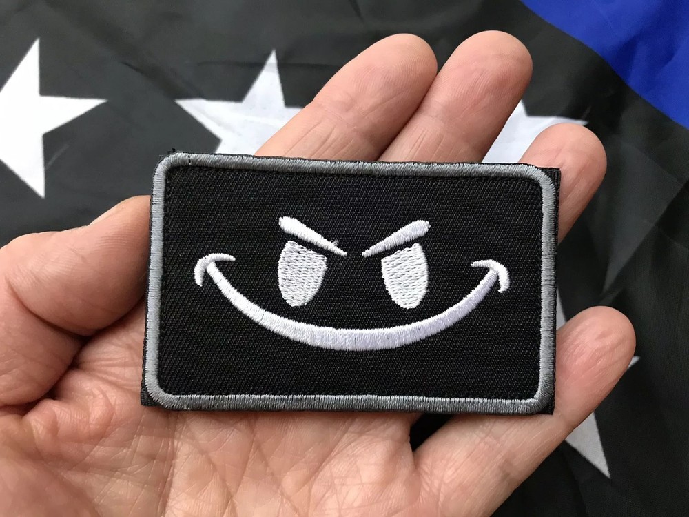 WHITE Evil Smile Smiley Face Embroider Hook/Loop Patch