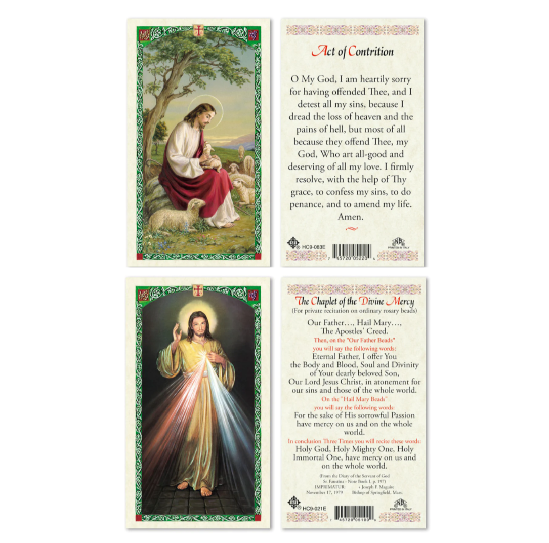 Laminated Act of Contrition AND Chaplet of Divine Mercy Prayer Card Set Catholic