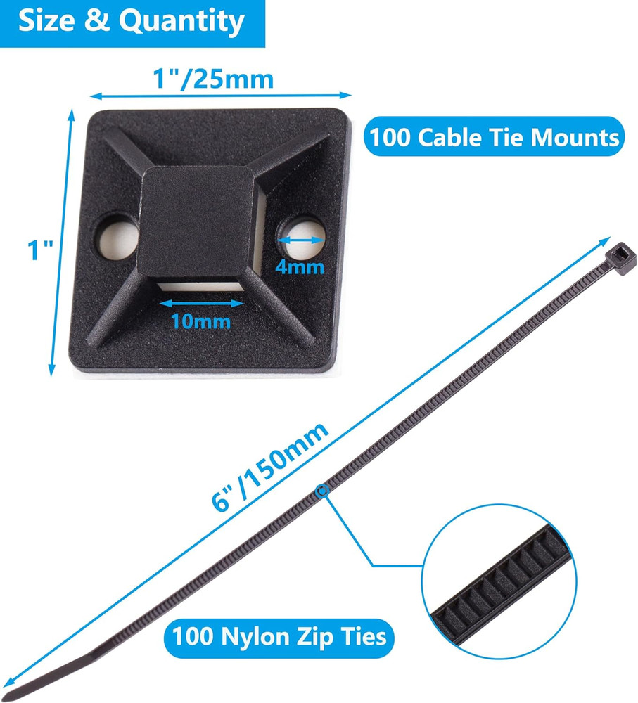 Cable Tie Mounts, Adhesive-Backed, 1 Inch, for Cable Management, Cable Tie Anch