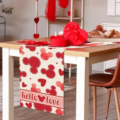Valentines Table Runner, Hello Love Red Hearts Kitchen Dining Table