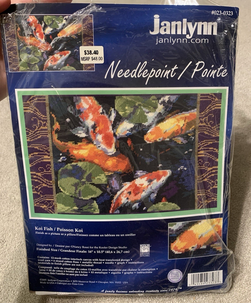 Janlynn Koi Fish Needlepoint Kit 16"x10.5” Missing Metallic Thread & Brown Yarn