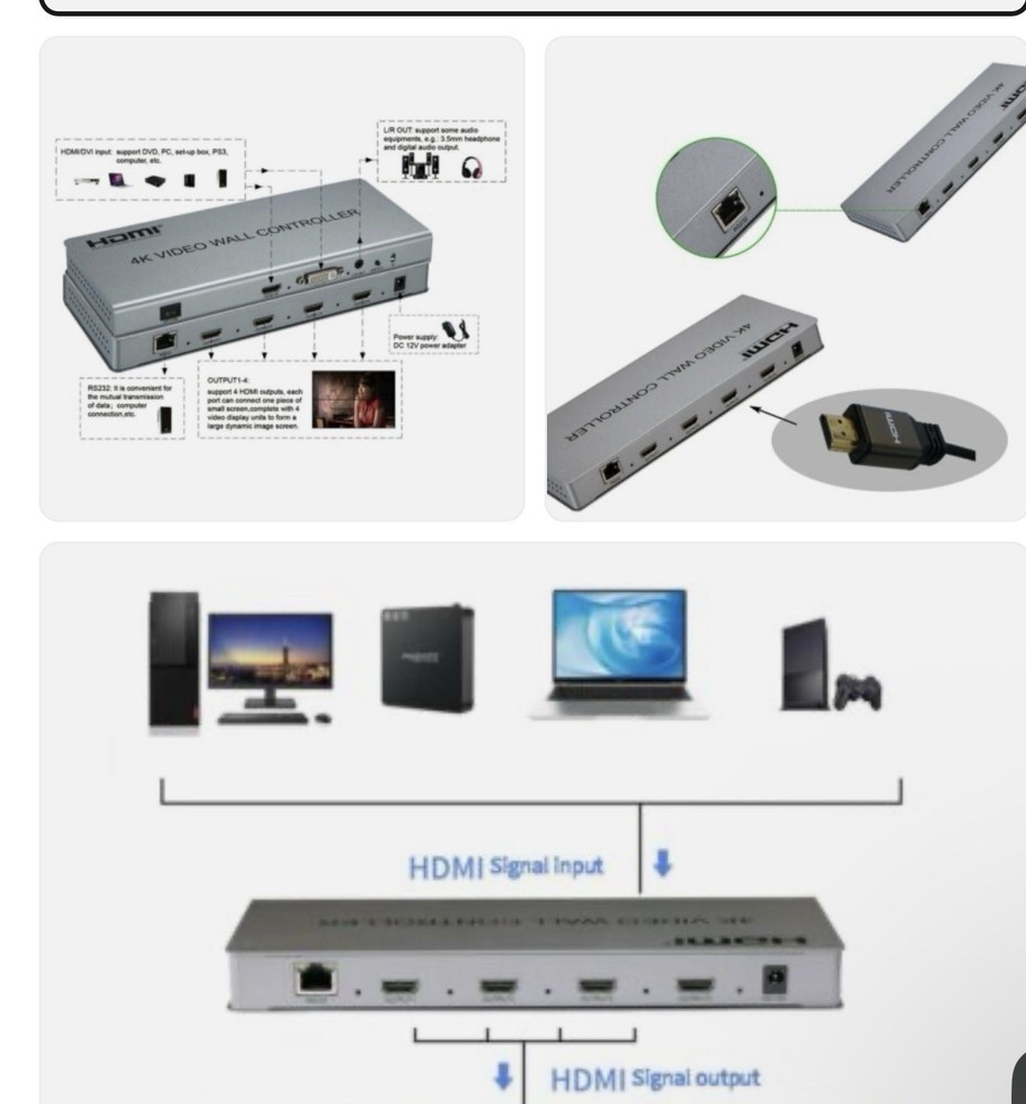 4K 2x2 HDMI Video Wall Controller 1080P TV Wall Processor 4 Screens Stitching