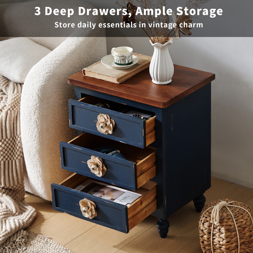 Side Table with Floral Knobs Three-Drawer Design Featuring Gourd-Shaped Legs