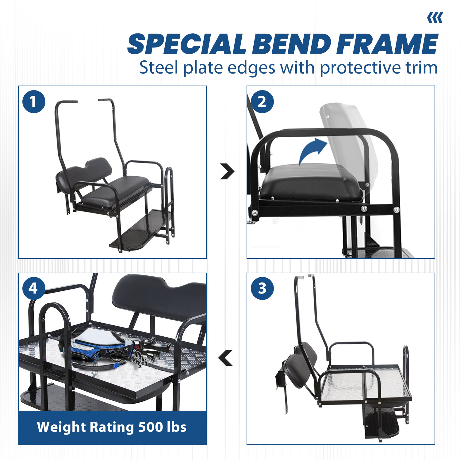 For 1982-2000 Club Car DS Golf Cart Flip Folding Rear Seat Kit w/ Grab Bar black