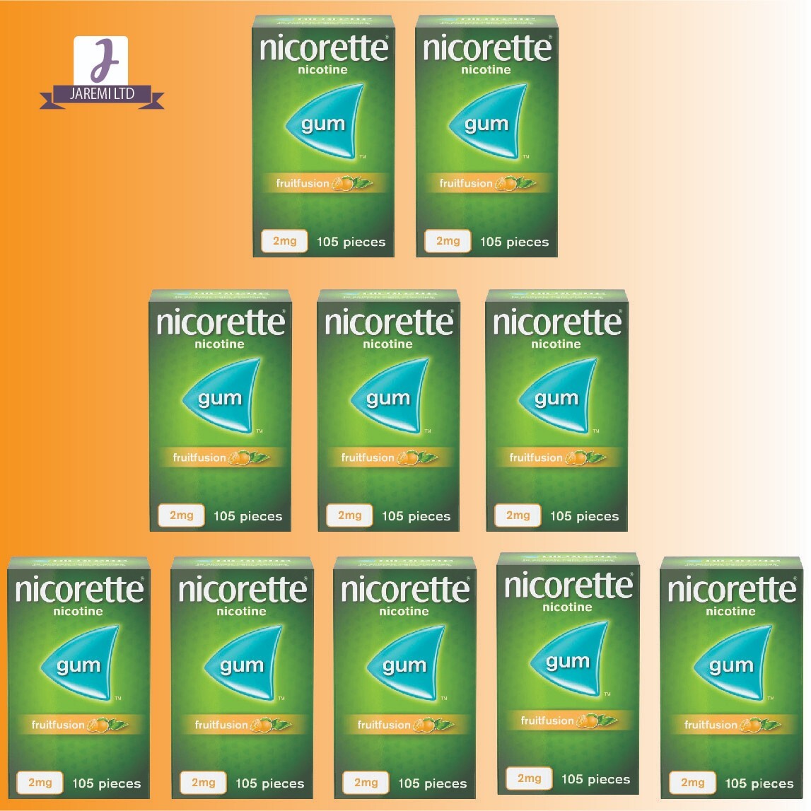 10 X Nicorette Gum 2mg FRUITFUSION Suger Free 105pieces