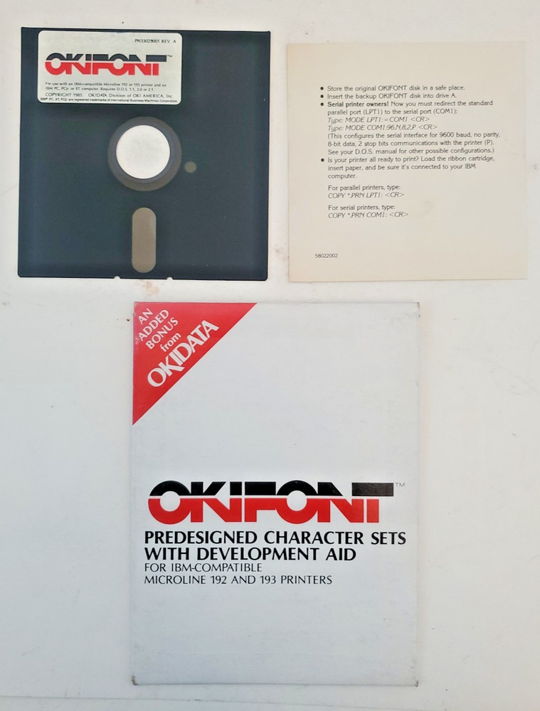 OKIDATA Microline IBM 192/193 Printer Manual & Bonus OKIFONT Software 5.25 Disk